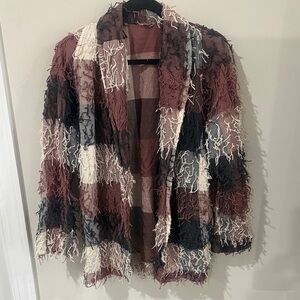 Textured Fringe Open Cardigan Jacket in Burgundy Plaid